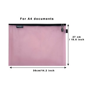May include: Pink mesh document bag with a black zipper and a black pull tab. The bag is 10.6 inches tall and 14.2 inches wide. The text "For A4 documents" is above the bag.