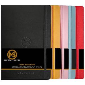 Cuaderno A5 con índice, tapa dura, cubierta de polipiel, márgenes rayados de 8 mm, pestañas A-Z, 264 páginas, papel blanco de 100 g/m² con certificación FSC.