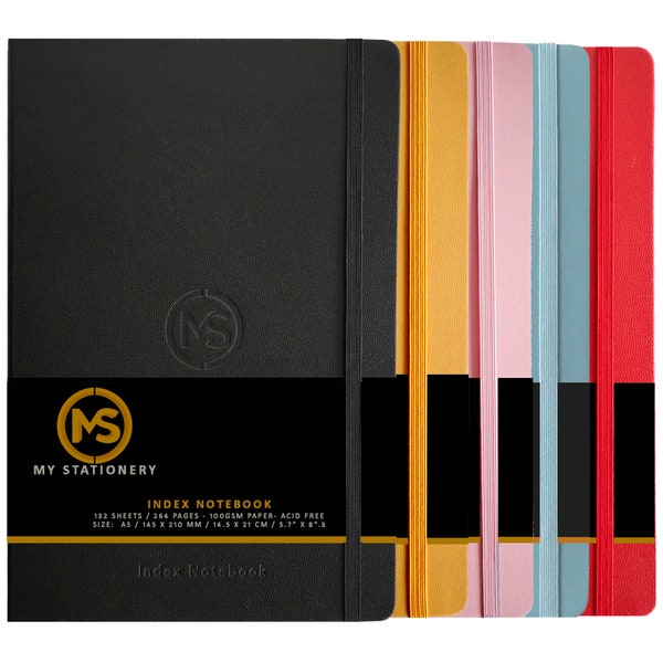 A5 Index Notebook Hardback Leatherette Cover 8mm Ruled Margin A-Z Tabs 264 Pages 100 GSM White Paper - FSC Approved