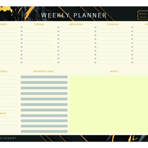 May include: A weekly planner with a black and gold marble design. The planner has sections for Monday through Sunday, important tasks, and notes. It also includes a space to write the week and date.