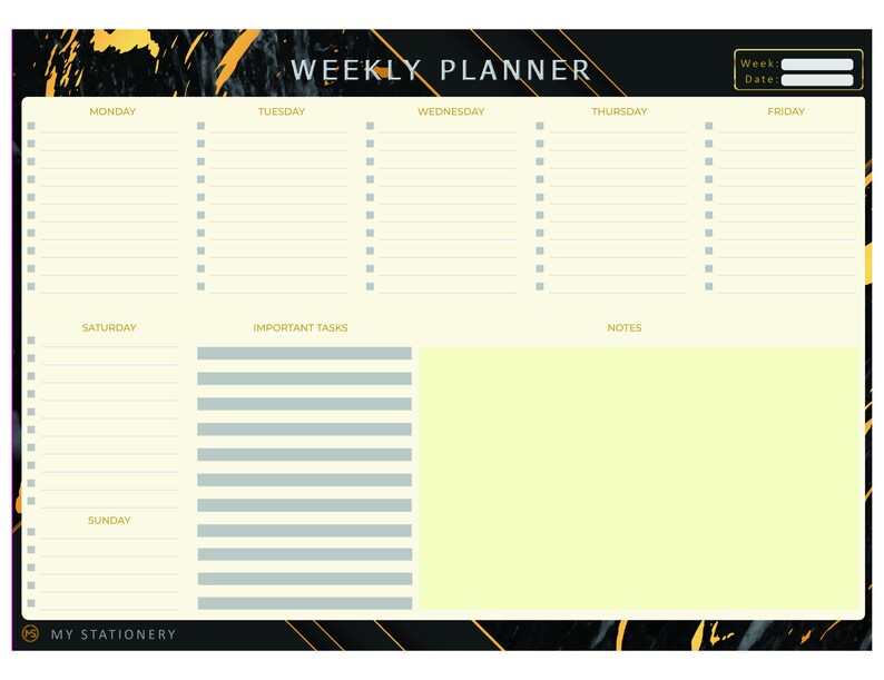 May include: A weekly planner with a black and gold marble design. The planner has sections for Monday through Sunday, important tasks, and notes. It also includes a space to write the week and date.