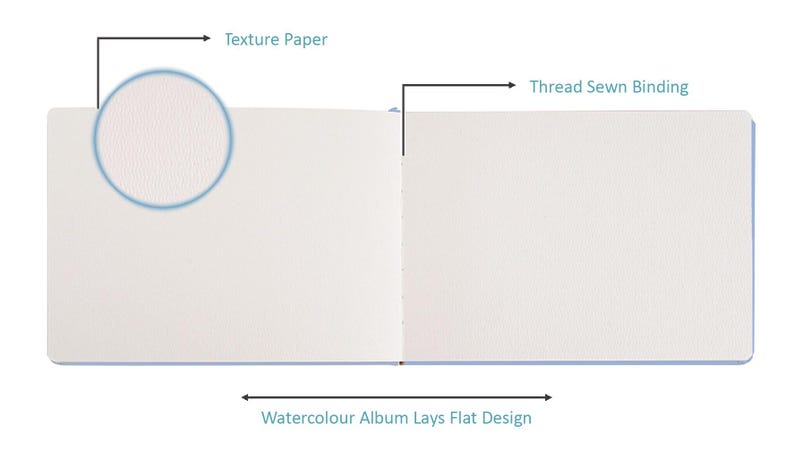 May include: A white watercolour album with a textured paper cover. The album has a thread-sewn binding and lays flat when open. The text "Watercolour Album Lays Flat Design" is printed on the bottom of the image.