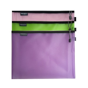 May include: Three mesh zipper pouches in pink, green, and purple. Each pouch has a black zip and a black pull cord. The top of each pouch has a small label that reads "supreme stationery".