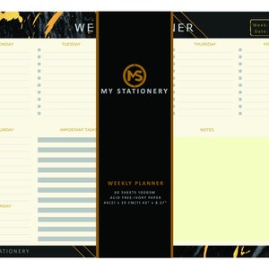 May include: A black and gold weekly planner with a marble design. The planner has sections for each day of the week, as well as a notes section. It includes the text "Weekly Planner", "60 Sheets 100gsm Acid Free-Ivory Paper", "A4/21 x 29 cm/11.42 x 8.27", and "My Stationery".
