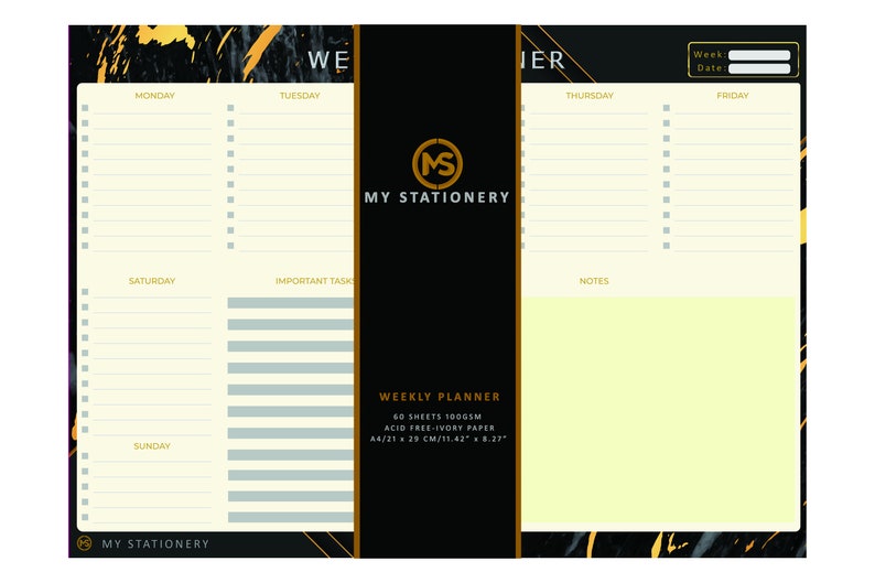 May include: A black and gold weekly planner with a marble design. The planner has sections for each day of the week, as well as a notes section. It includes the text "Weekly Planner", "60 Sheets 100gsm Acid Free-Ivory Paper", "A4/21 x 29 cm/11.42 x 8.27", and "My Stationery".