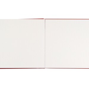 May include: A blank, white sketchbook with a red cover. The book is open to a fresh, blank page.
