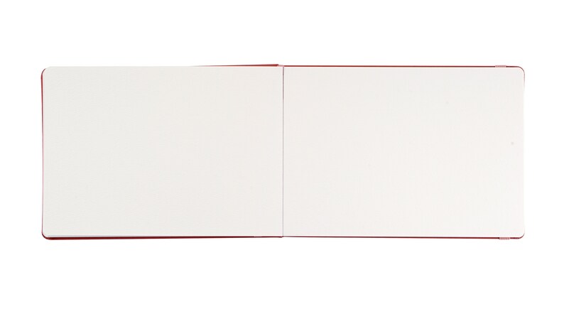 May include: A blank, white sketchbook with a red cover. The book is open to a fresh, blank page.
