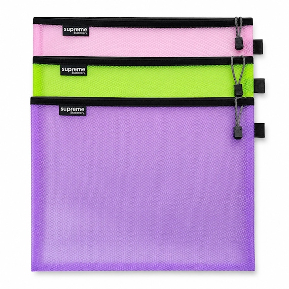 A4 Plus Mesh Bag Zipper Pouch Zip Lock Document Folder File Storage Bags for Office School Travel EVA Mesh Wallet Assorted Colours-Pack of 3