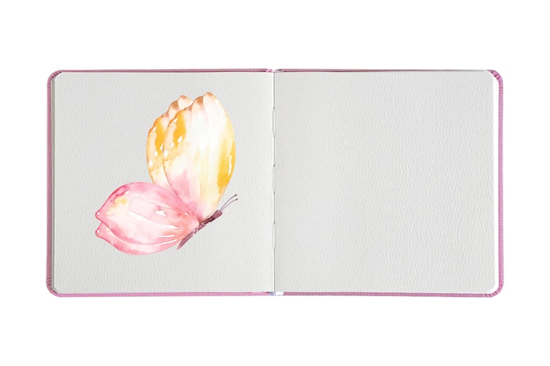 Puede incluir: Una pintura de acuarela de una mariposa rosa y amarilla en la portada de un diario rosa.
