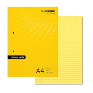 May include: A yellow A4 refill pad with 100 pages of lined yellow paper. The cover features the text "YELLOW PAPER" and "supreme Stationery". The cover has a dotted pattern and two black holes for binding.