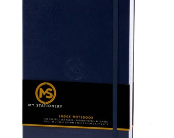 May include: A blue index notebook with a black elastic closure and a gold logo that says "MS MY STATIONERY". The notebook has 132 sheets, 264 pages, and is made of 100gsm acid-free paper. The size is 5.7 x 8.3 inches.