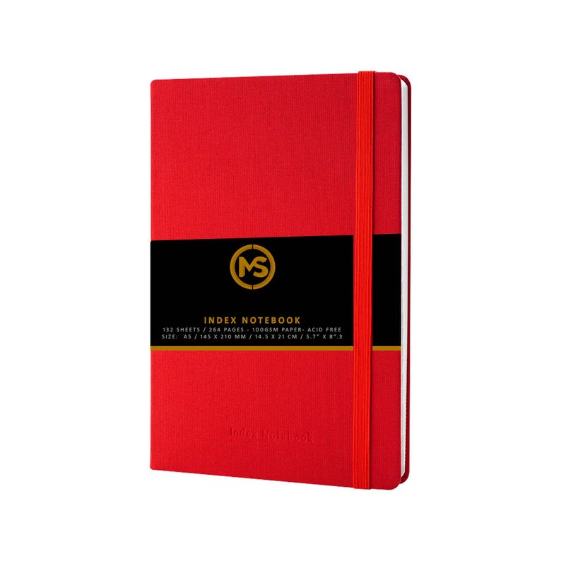 Pode incluir: Um caderno de &iacute;ndice vermelho com um r&oacute;tulo preto e dourado que diz "MS INDEX NOTEBOOK 132 SHEETS / 264 PAGES - 100GSM PAPER - ACID FREE SIZE: A5 / 145 X 210 MM / 14.5 X 21 CM / 5.7" X 8.3"