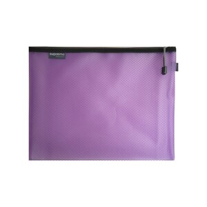 May include: A lavender mesh zipper pouch with a black zipper and pull. The pouch has a black trim and a small label that reads "supreme stationery". The pouch is rectangular and appears to be made of a durable material.
