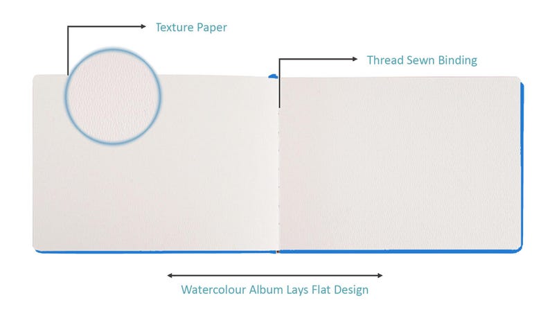 Puede incluir: Un cuaderno de bocetos blanco con una cubierta de papel texturizado y encuadernaci&oacute;n cosida. El libro se coloca plano, lo que lo hace ideal para la pintura de acuarela.