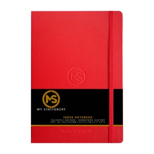 May include: A red A5 index notebook with a matching elastic closure. The cover features a debossed "MS" logo and a black band with the text "MY STATIONERY" and "INDEX NOTEBOOK". The notebook contains 104 sheets of acid-free paper, measuring 5.7" x 8.3".