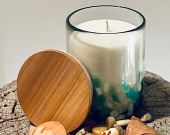 Confetti Aqua Bloom Candle | 100% Recycled Hand-Blown Glass | 12oz Wax Fill | Wood Lid | New Highly Scented Premium Fragrances