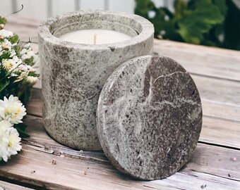 ULTRA-LUXE Grey MARBLE Stone Candle with Lid |++ Plus ++ Three, 8oz Candle Inserts | Wide Fragrance Selection