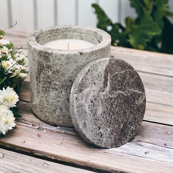 ULTRA-LUXE Grey or White MARBLE Stone Candle with Lid |++ Plus ++ Three, 8oz Candle Inserts | Wide Fragrance Selection