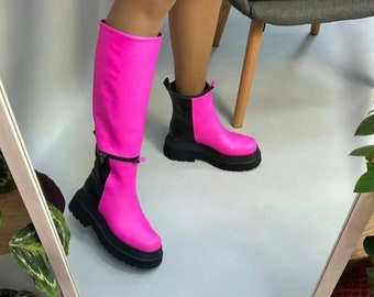 Women genuine leather knee high 4-5 cm (2 in) platform fall winter boots. Transform to ankle boots. Chunky sole tube boots for wide calf