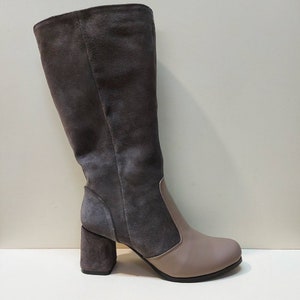 Women medium high block heels winter boots two colors Can be made with your measurements at calves, fleece or fur inside.
