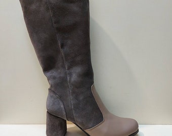Women medium high block heels winter boots two colors Can be made with your measurements at calves, fleece or fur inside.