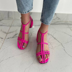 Women genuine leather open toe sandals, high square heels 5 cm (1.9 in), square toe shoes with straps, different colors,