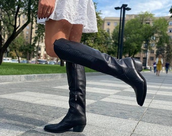 Riding genuine leather western style knee high boots, standard fit, cowboy, cowgirl boots, 6 cm heel