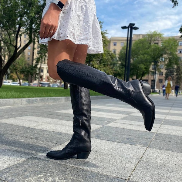 Riding genuine leather western style knee high boots, standard fit, cowboy, cowgirl boots, 6 cm heel