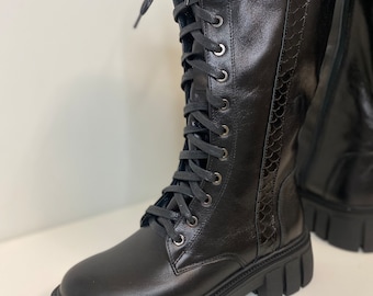 trend 2022 genuine leather lace up platform  chunky sole military boots work combat boots work boots with sheepskin lining wide calf large