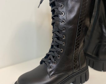 Leather Platform Combat Boots: Chunky Sole, Sheepskin Lining, Wide Calf