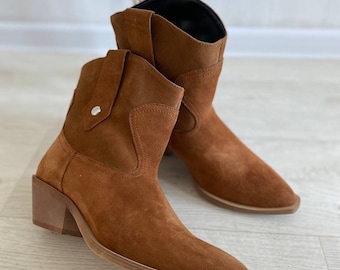 Women genuine suede or leather cowboy western ankle boots costume made boots spring winter cowgirl any color