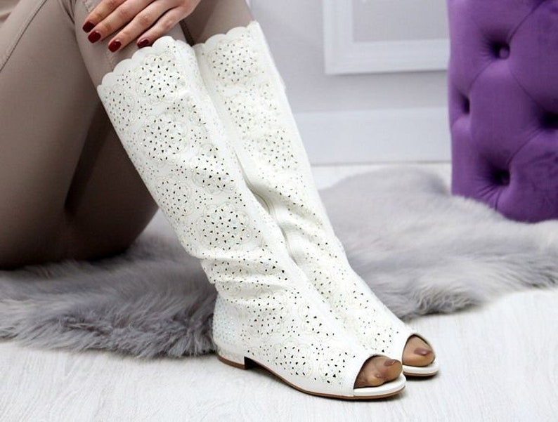 Woman genuine perforated cat out suede or leather cowboy western boots costume made boots spring summer knee high boots feets to wide calves