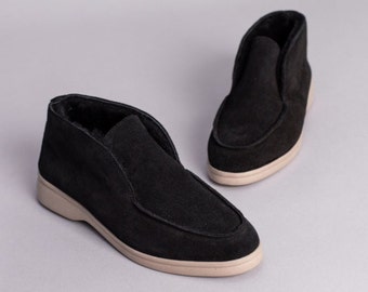 Women winter genuine suede leather loafers fall autumn shoes with sheepskin lining. light, white sole