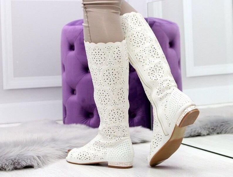 Woman genuine perforated cat out suede or leather cowboy western boots costume made boots spring summer knee high boots feets to wide calves