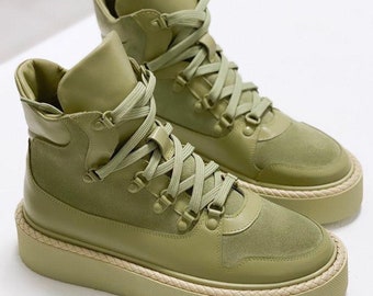 Woman genuine suede and leather sneakers, ankle boots fall spring summer, pistachio, tan, black. Any color you want