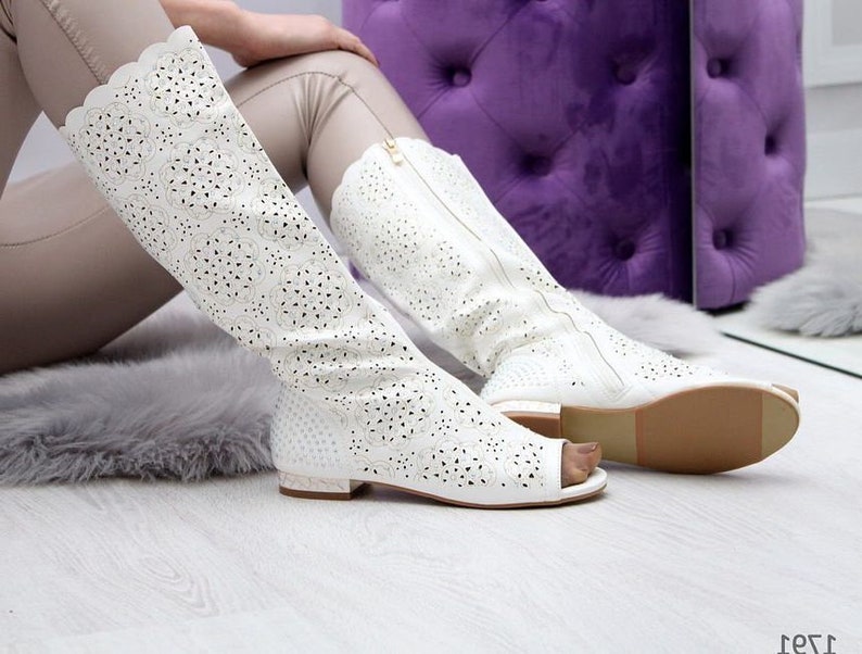 Woman genuine perforated cat out suede or leather cowboy western boots costume made boots spring summer knee high boots feets to wide calves