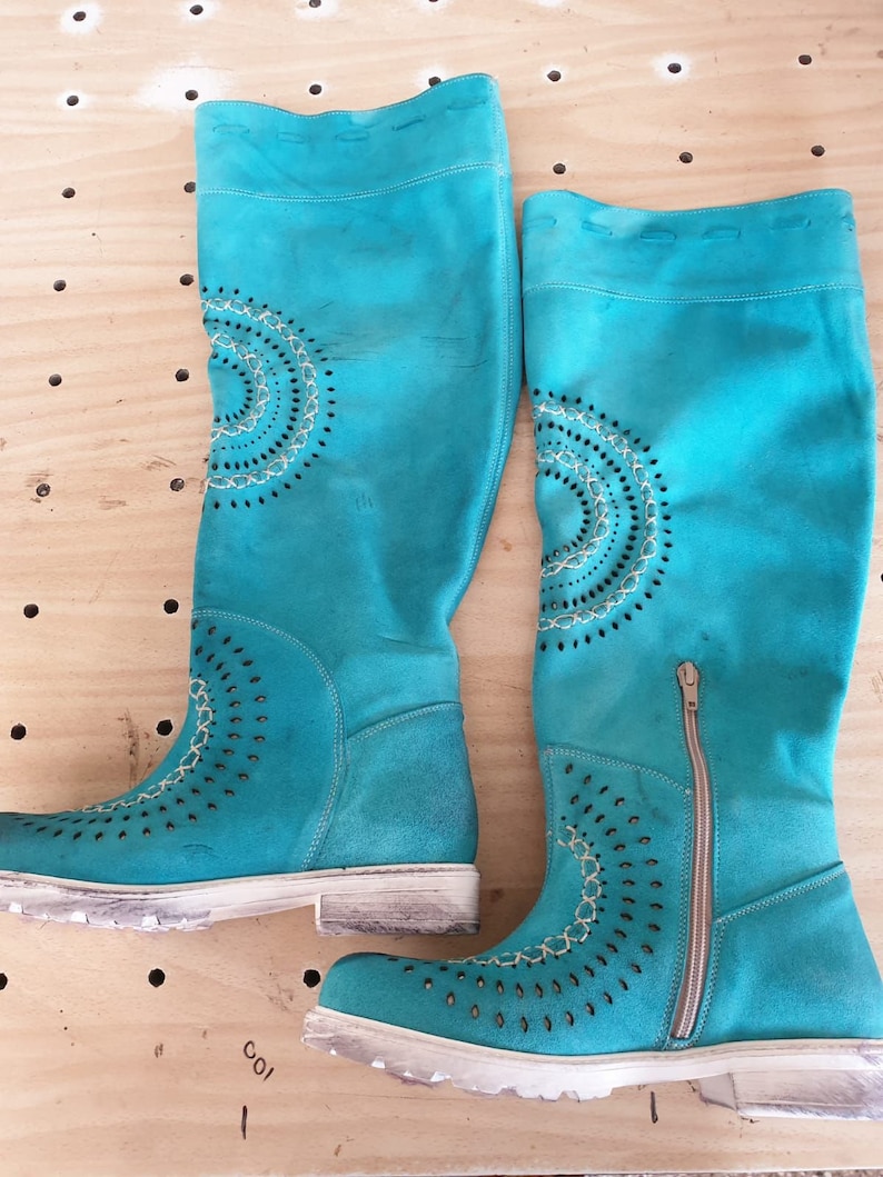 Woman genuine perforated cat out suede or leather cowboy western boots costume made boots spring summer knee high boots feets to wide calves