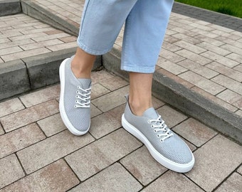 Woman genuine leather perforated white, tan, black tie sneakers with laces, summer open tie sneakers, cut out leather