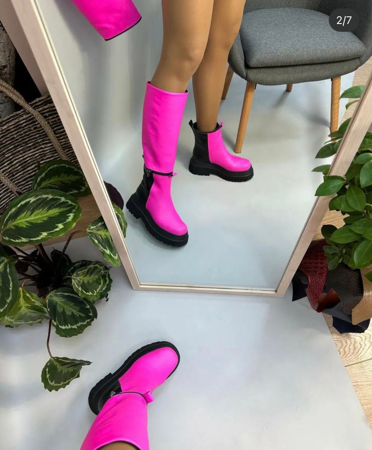 Women genuine leather knee high 4-5 cm (2 in) platform fall winter boots. Transform to ankle boots. Chunky sole tube boots for wide calf
