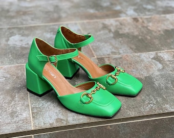 Leather Heeled Sandals: Square Toe Ankle Strap Shoes with Chain