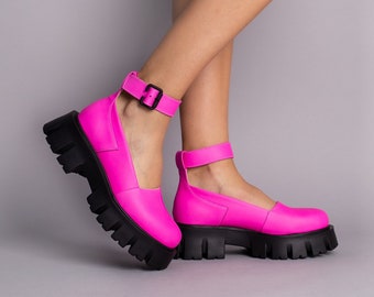 Women genuine leather sandals, thick sole, round toe shoes with strap around ankle, different colors. Chunky sole