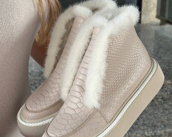 Woman genuine leather, sheepskin snow boots, winter fall loafers with fur, real sheepskin lining ankle boots