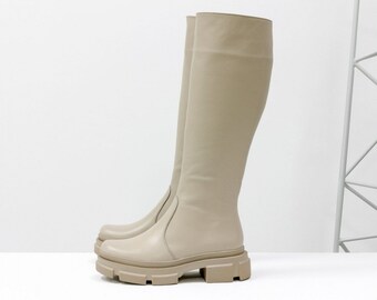 Women genuine leather chunky sole knee high boots with full way up zipper winter or fall lining, calf can be made wider