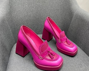 Pink Suede & Leather Block Heel Loafers with Tassels - Custom Made