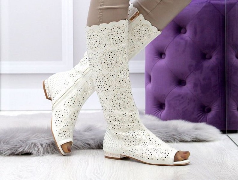 Woman genuine perforated cat out suede or leather cowboy western boots costume made boots spring summer knee high boots feets to wide calves