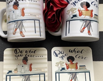African American Art Coaster and Mug Set, Girl Boss, Black Woman At Work, Gifts For Her