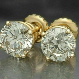 Certified GRA 2.0Ct Round Cut Moissanite Solitaire Suds Earrings 14K Yellow Gold Plated Silver Solid Gold Plated Earrings