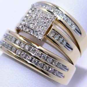 His & Hers Moissanite Trio Wedding Ring Set | Round Lab-Created Stones, 14K Yellow Gold Plated Sterling Silver Bridal Set