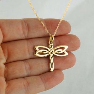 Celtic Dragonfly Pendant Necklace | 14K Yellow Gold Solid Silver Plated Pendant | Free 18" Chain | Minimalist Pendant |