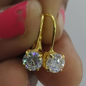 14K Yellow Gold Plated Silver 0.60Ct Round Real Moissanite Leverback Drop Dangle Earrings | Women&#39;s Jewelry | Christmas Day Gift